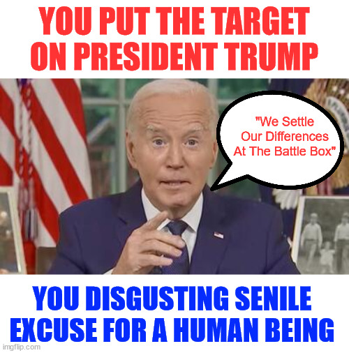 Joe Bribem... disgusting POS | YOU PUT THE TARGET ON PRESIDENT TRUMP; "We Settle Our Differences At The Battle Box"; YOU DISGUSTING SENILE EXCUSE FOR A HUMAN BEING | image tagged in dementia joe,bi done | made w/ Imgflip meme maker