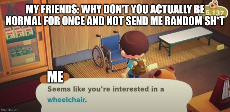 Seems like you're interested in a wheelchair | MY FRIENDS: WHY DON'T YOU ACTUALLY BE NORMAL FOR ONCE AND NOT SEND ME RANDOM SH*T; ME | image tagged in seems like you're interested in a wheelchair | made w/ Imgflip meme maker