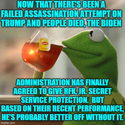 Secret Service Protection under DEI hiring rules . . . DO leave home without it. | NOW THAT THERE'S BEEN A FAILED ASSASSINATION ATTEMPT ON TRUMP AND PEOPLE DIED, THE BIDEN; ADMINISTRATION HAS FINALLY AGREED TO GIVE RFK, JR. SECRET SERVICE PROTECTION.  BUT BASED ON THEIR RECENT PERFORMANCE, HE'S PROBABLY BETTER OFF WITHOUT IT. | image tagged in kermit the frog | made w/ Imgflip meme maker