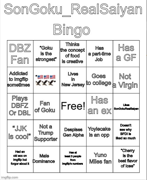 New BINGO! | image tagged in songoku_realsaiyan bingo | made w/ Imgflip meme maker