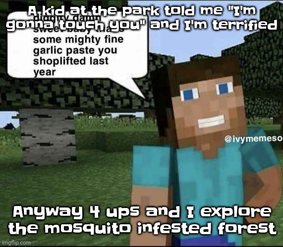 Btw manof7shingles and SWN can you not spark drama | A kid at the park told me "I'm gonna touch you" and I'm terrified; Anyway 4 ups and I explore the mosquito infested forest | image tagged in garlique | made w/ Imgflip meme maker