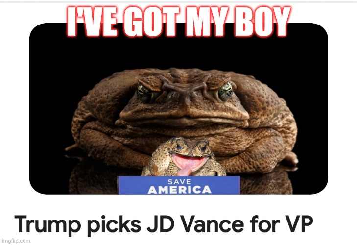 The Toad Connection | I'VE GOT MY BOY | image tagged in trump,jd vance,toads,corrupt | made w/ Imgflip meme maker