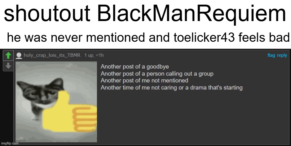 shoutout BlackManRequiem; he was never mentioned and toelicker43 feels bad | made w/ Imgflip meme maker