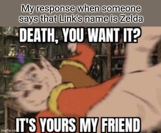 death, you want it? | My response when someone says that Link's name is Zelda | image tagged in death you want it | made w/ Imgflip meme maker