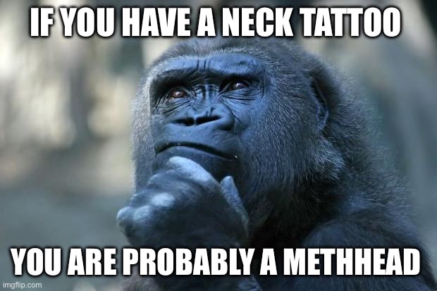 Neck tattoos | IF YOU HAVE A NECK TATTOO; YOU ARE PROBABLY A METHHEAD | image tagged in deep thoughts | made w/ Imgflip meme maker