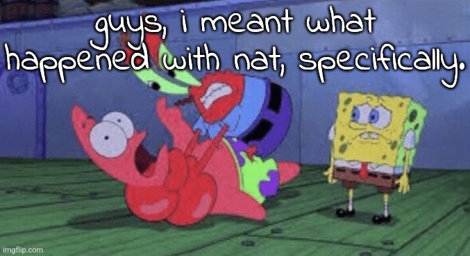 let me guess, she did something 100% blockworthy? | guys, i meant what happened with nat, specifically. | image tagged in mr krabs choking patrick | made w/ Imgflip meme maker