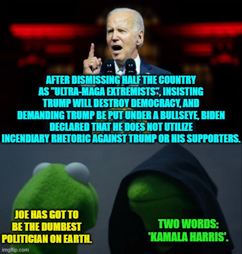 There is always something worse. | AFTER DISMISSING HALF THE COUNTRY AS "ULTRA-MAGA EXTREMISTS", INSISTING TRUMP WILL DESTROY DEMOCRACY, AND DEMANDING TRUMP BE PUT UNDER A BULLSEYE, BIDEN DECLARED THAT HE DOES NOT UTILIZE INCENDIARY RHETORIC AGAINST TRUMP OR HIS SUPPORTERS. JOE HAS GOT TO BE THE DUMBEST POLITICIAN ON EARTH. TWO WORDS: 'KAMALA HARRIS'. | image tagged in evil kermit | made w/ Imgflip meme maker