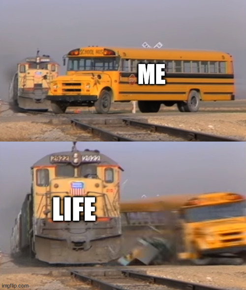 My Life | ME; LIFE | image tagged in a train hitting a school bus | made w/ Imgflip meme maker