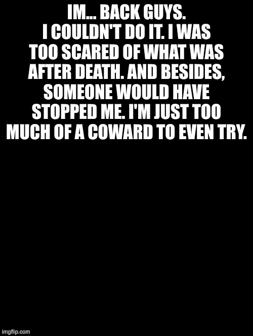 ... | IM... BACK GUYS. I COULDN'T DO IT. I WAS TOO SCARED OF WHAT WAS AFTER DEATH. AND BESIDES, SOMEONE WOULD HAVE STOPPED ME. I'M JUST TOO MUCH OF A COWARD TO EVEN TRY. | image tagged in double long black template | made w/ Imgflip meme maker