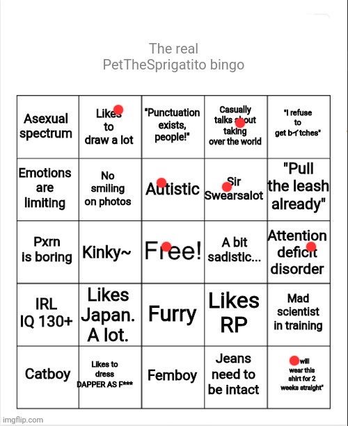 The real petthesprigstito bingo | image tagged in the real petthesprigstito bingo | made w/ Imgflip meme maker