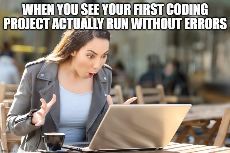 coding | WHEN YOU SEE YOUR FIRST CODING PROJECT ACTUALLY RUN WITHOUT ERRORS | image tagged in memes | made w/ Imgflip meme maker