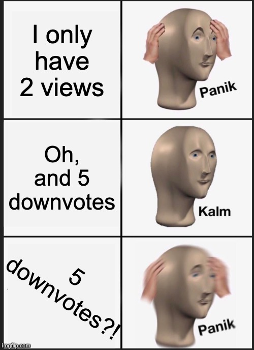 Wait, what? | I only have 2 views; Oh, and 5 downvotes; 5 downvotes?! | image tagged in memes,panik kalm panik | made w/ Imgflip meme maker