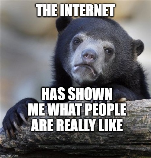 Everything is a facade to be honest | THE INTERNET; HAS SHOWN ME WHAT PEOPLE ARE REALLY LIKE | image tagged in memes,confession bear | made w/ Imgflip meme maker
