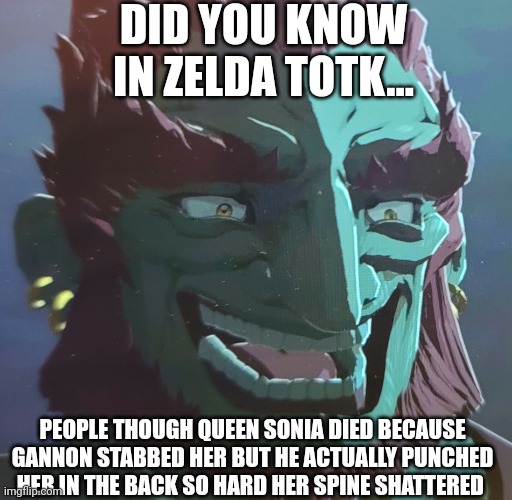 Gannondorf Poggers | DID YOU KNOW IN ZELDA TOTK... PEOPLE THOUGH QUEEN SONIA DIED BECAUSE GANNON STABBED HER BUT HE ACTUALLY PUNCHED HER IN THE BACK SO HARD HER SPINE SHATTERED | image tagged in gannondorf poggers | made w/ Imgflip meme maker