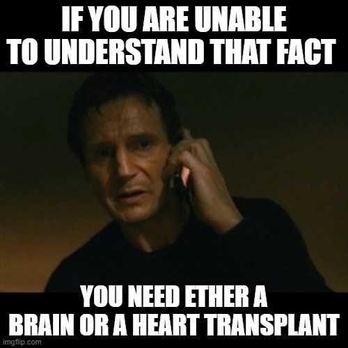 Liam Neeson Taken Meme | IF YOU ARE UNABLE TO UNDERSTAND THAT FACT; YOU NEED ETHER A BRAIN OR A HEART TRANSPLANT | image tagged in memes,liam neeson taken | made w/ Imgflip meme maker