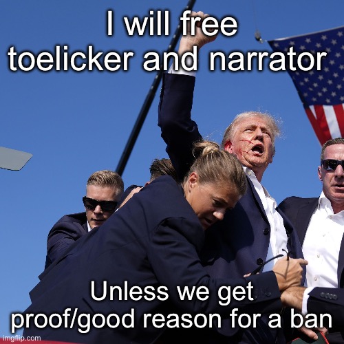 Donald Trump | I will free toelicker and narrator; Unless we get proof/good reason for a ban | image tagged in donald trump | made w/ Imgflip meme maker
