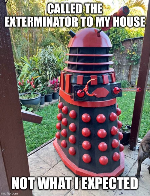 Exterminator | CALLED THE EXTERMINATOR TO MY HOUSE; NOT WHAT I EXPECTED | image tagged in dalek,dr who | made w/ Imgflip meme maker