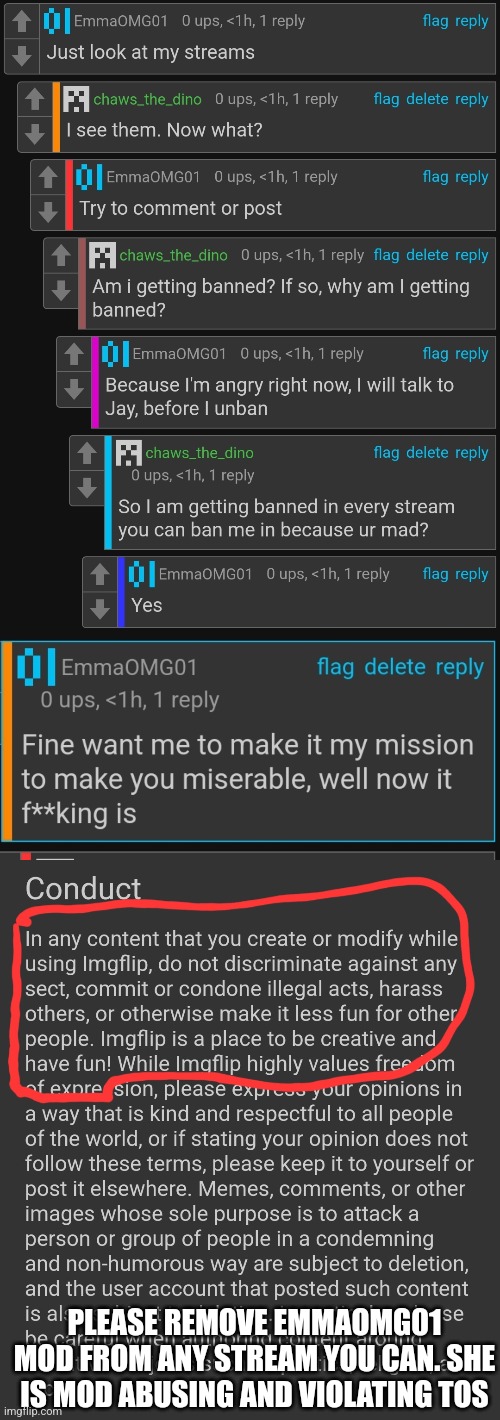 Just a little PSA | PLEASE REMOVE EMMAOMG01 MOD FROM ANY STREAM YOU CAN. SHE IS MOD ABUSING AND VIOLATING TOS | made w/ Imgflip meme maker