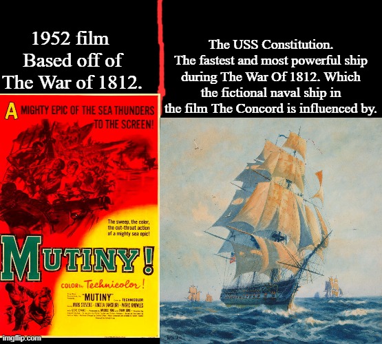 Mutiny | The USS Constitution. The fastest and most powerful ship during The War Of 1812. Which the fictional naval ship in the film The Concord is influenced by. 1952 film 
Based off of The War of 1812. | image tagged in mutiny,1952,war of 1812,the concord,uss constitution | made w/ Imgflip meme maker