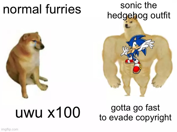 furries are the digital equivalent of pollution | sonic the hedgehog outfit; normal furries; uwu x100; gotta go fast to evade copyright | image tagged in buff doge vs cheems reversed | made w/ Imgflip meme maker