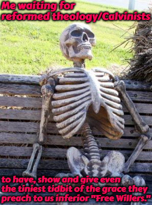 Grace To Who? | Me waiting for reformed theology/Calvinists; to have, show and give even the tiniest tidbit of the grace they preach to us inferior "Free Willers." | image tagged in memes,waiting skeleton,calvinist memes,r/dankchristianmemes,free will,reformed | made w/ Imgflip meme maker