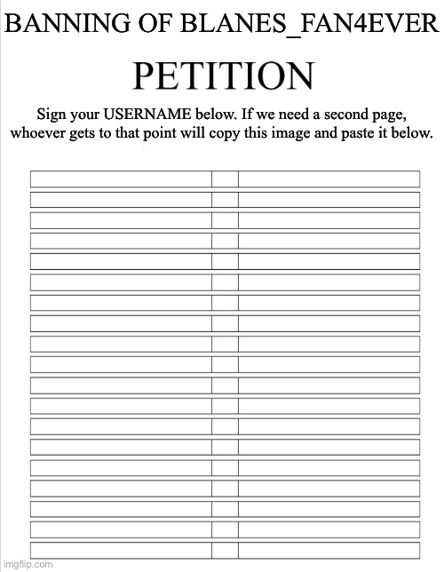 The Blank petition | BANNING OF BLANES_FAN4EVER; Sign your USERNAME below. If we need a second page, whoever gets to that point will copy this image and paste it below. | image tagged in the blank petition | made w/ Imgflip meme maker