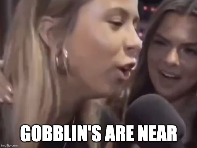 gobblin's are near | GOBBLIN'S ARE NEAR | image tagged in hawk tuah,tolkien | made w/ Imgflip meme maker