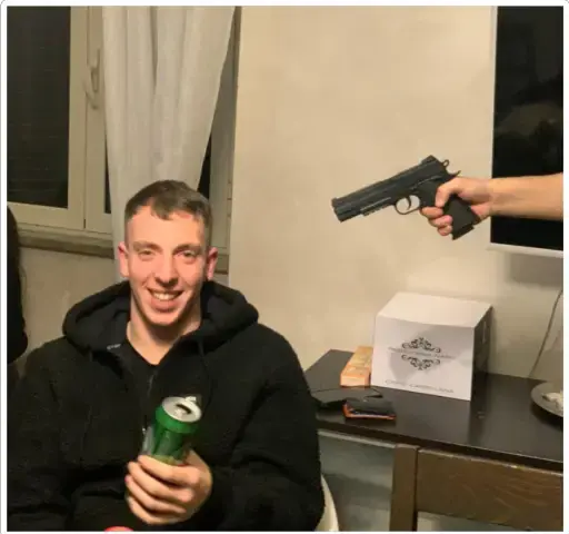 High Quality Happy man with a gun pointed at him Blank Meme Template