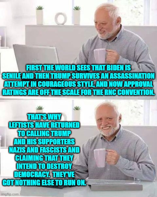 Lying is all they know. | FIRST THE WORLD SEES THAT BIDEN IS SENILE AND THEN TRUMP SURVIVES AN ASSASSINATION ATTEMPT IN COURAGEOUS STYLE, AND NOW APPROVAL RATINGS ARE OFF THE SCALE FOR THE RNC CONVENTION. THAT'S WHY LEFTISTS HAVE RETURNED TO CALLING TRUMP AND HIS SUPPORTERS NAZIS AND FASCISTS AND CLAIMING THAT THEY INTEND TO DESTROY DEMOCRACY.  THEY'VE GOT NOTHING ELSE TO RUN ON. | image tagged in hide the pain harold | made w/ Imgflip meme maker