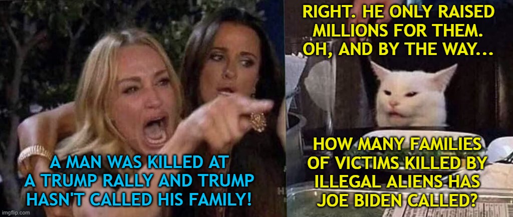 Making the Right Call | RIGHT. HE ONLY RAISED
MILLIONS FOR THEM.
OH, AND BY THE WAY... HOW MANY FAMILIES
OF VICTIMS KILLED BY
ILLEGAL ALIENS HAS
JOE BIDEN CALLED? A MAN WAS KILLED AT A TRUMP RALLY AND TRUMP HASN'T CALLED HIS FAMILY! | image tagged in woman yelling at cat | made w/ Imgflip meme maker
