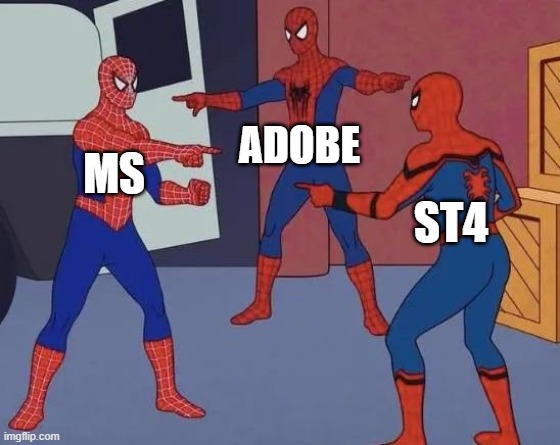 MS / Adobe / ST4 | ADOBE; MS; ST4 | image tagged in 3 spiderman pointing | made w/ Imgflip meme maker
