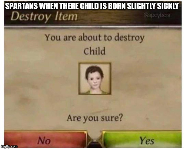 RIP | SPARTANS WHEN THERE CHILD IS BORN SLIGHTLY SICKLY | image tagged in you are about to destroy child | made w/ Imgflip meme maker