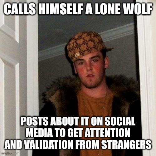 You know who you are. We all laugh at you | CALLS HIMSELF A LONE WOLF; POSTS ABOUT IT ON SOCIAL MEDIA TO GET ATTENTION AND VALIDATION FROM STRANGERS | image tagged in memes,scumbag steve | made w/ Imgflip meme maker