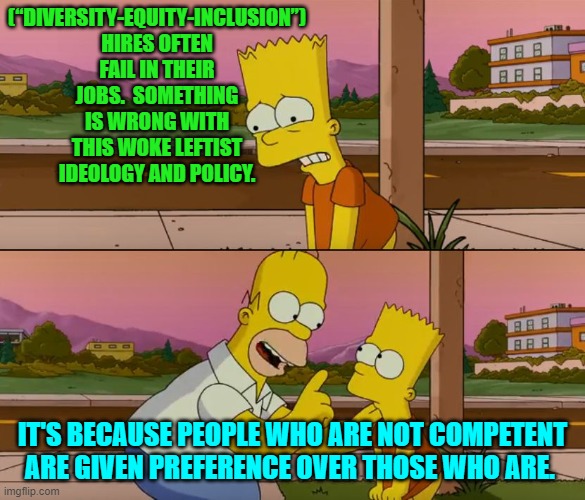 'taint rocket science . . . no matter what leftists think. | (“DIVERSITY-EQUITY-INCLUSION”) HIRES OFTEN FAIL IN THEIR JOBS.  SOMETHING IS WRONG WITH THIS WOKE LEFTIST IDEOLOGY AND POLICY. IT'S BECAUSE PEOPLE WHO ARE NOT COMPETENT ARE GIVEN PREFERENCE OVER THOSE WHO ARE. | image tagged in simpsons so far | made w/ Imgflip meme maker