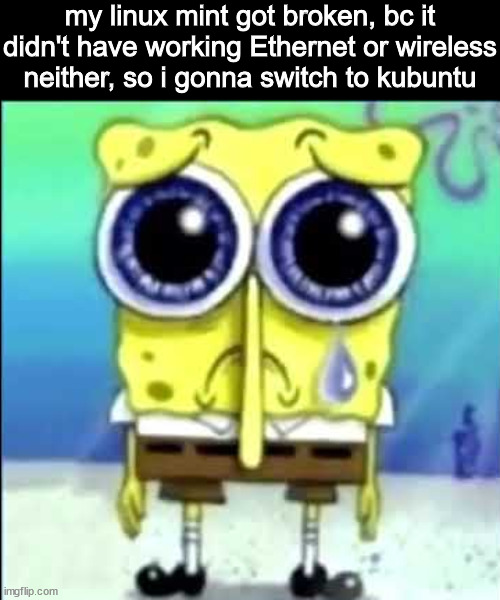 ahh | my linux mint got broken, bc it didn't have working Ethernet or wireless neither, so i gonna switch to kubuntu | image tagged in sad spongebob | made w/ Imgflip meme maker