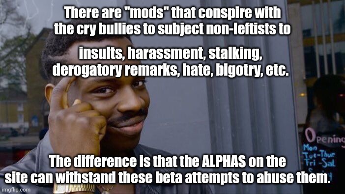 Roll Safe Think About It Meme | There are "mods" that conspire with the cry bullies to subject non-leftists to insults, harassment, stalking, derogatory remarks, hate, bigo | image tagged in memes,roll safe think about it | made w/ Imgflip meme maker