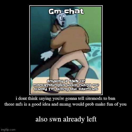 i dont think saying you're gonna tell sitemods to ban those mfs is a good idea and msmg would prob make fun of you | also swn already left | image tagged in funny,demotivationals | made w/ Imgflip demotivational maker