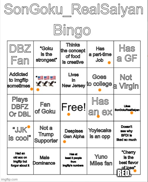SonGoku_RealSaiyan Bingo | RED. | image tagged in songoku_realsaiyan bingo | made w/ Imgflip meme maker
