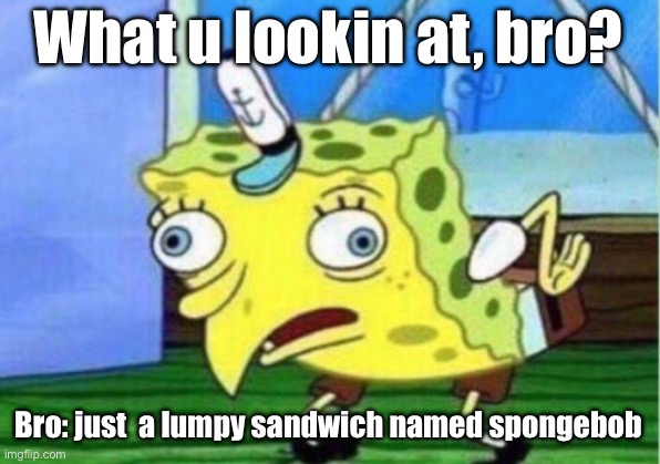 Mocking Spongebob Meme | What u lookin at, bro? Bro: just  a lumpy sandwich named SpongeBob | image tagged in memes,mocking spongebob | made w/ Imgflip meme maker