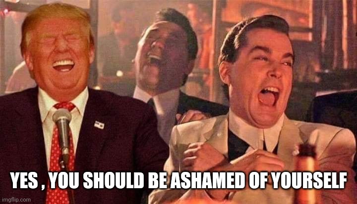 Trump good fellas laughing | YES , YOU SHOULD BE ASHAMED OF YOURSELF | image tagged in trump good fellas laughing | made w/ Imgflip meme maker