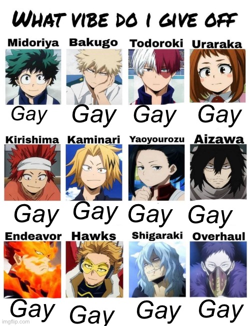 My Hero Midamia | Gay; Gay; Gay; Gay; Gay; Gay; Gay; Gay; Gay; Gay; Gay; Gay | image tagged in mha what vibe do i give off | made w/ Imgflip meme maker