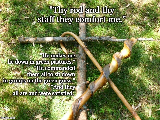 Psalm 23 | "Thy rod and thy staff they comfort me."; "He makes me lie down in green pastures."
"He commanded them all to sit down in groups on the green grass."
"And they all ate and were satisfied. | image tagged in psalm 23,rod and staff,preaching and teaching the word | made w/ Imgflip meme maker