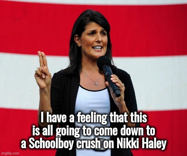 Nikki Haley | I have a feeling that this is all going to come down to a Schoolboy crush on Nikki Haley | image tagged in nikki haley | made w/ Imgflip meme maker