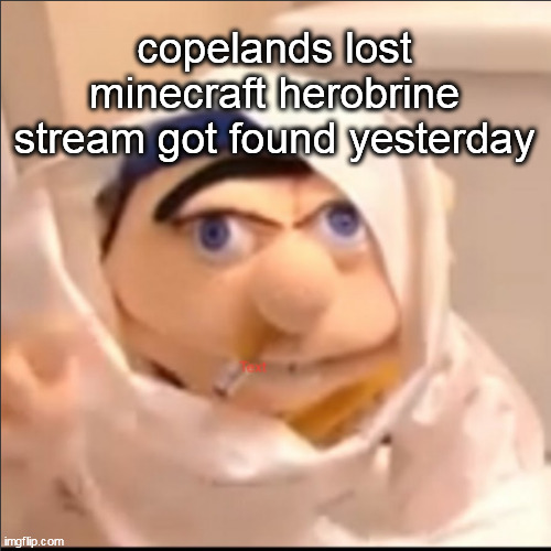 check lost media wiki article about that | copelands lost minecraft herobrine stream got found yesterday | image tagged in triggered jeffy but stolen haha | made w/ Imgflip meme maker