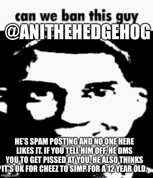 Or is it just me | @ANITHEHEDGEHOG; HE’S SPAM POSTING AND NO ONE HERE LIKES IT. IF YOU TELL HIM OFF, HE DMS YOU TO GET PISSED AT YOU. HE ALSO THINKS IT’S OK FOR CHEEZ TO SIMP FOR A 12 YEAR OLD. | image tagged in can we ban this guy | made w/ Imgflip meme maker