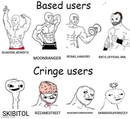 Based users v.s. cringe users | SHADOW_BENOITX MOONRANGER REIMU_HAKUREI IDK15_OFFICIAL.XML SKIBITOL RIZZAMESTREET RANDOMSTORMTROOPER SKIBIDIISSUPERRIZZLY | image tagged in based users v s cringe users | made w/ Imgflip meme maker