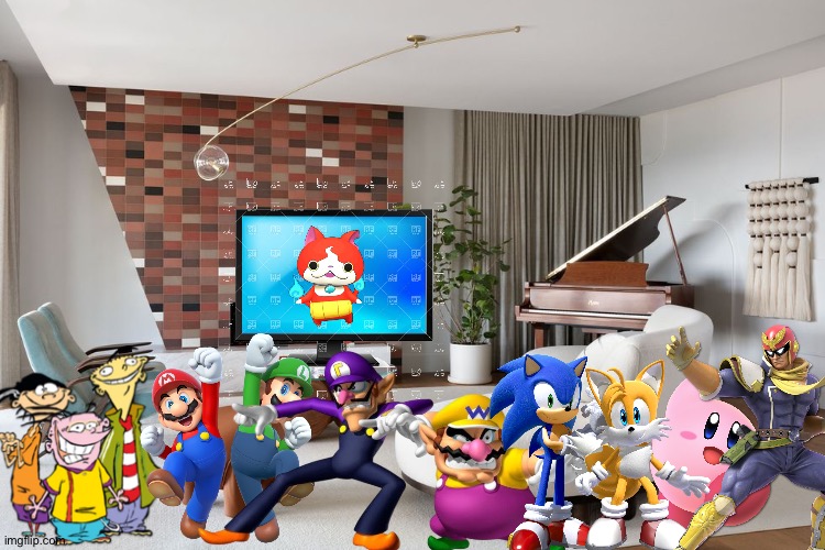 Wario and Friends die by a cursed breaking news flash while watching Yo-Kai watch in their living room | image tagged in also a living room,wario dies,crossover | made w/ Imgflip meme maker