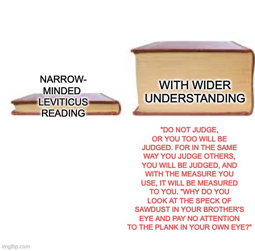 Big book small book | NARROW-
MINDED 
LEVITICUS
READING WITH WIDER
UNDERSTANDING "DO NOT JUDGE, OR YOU TOO WILL BE JUDGED. FOR IN THE SAME WAY YOU JUDGE OTHERS, Y | image tagged in big book small book | made w/ Imgflip meme maker