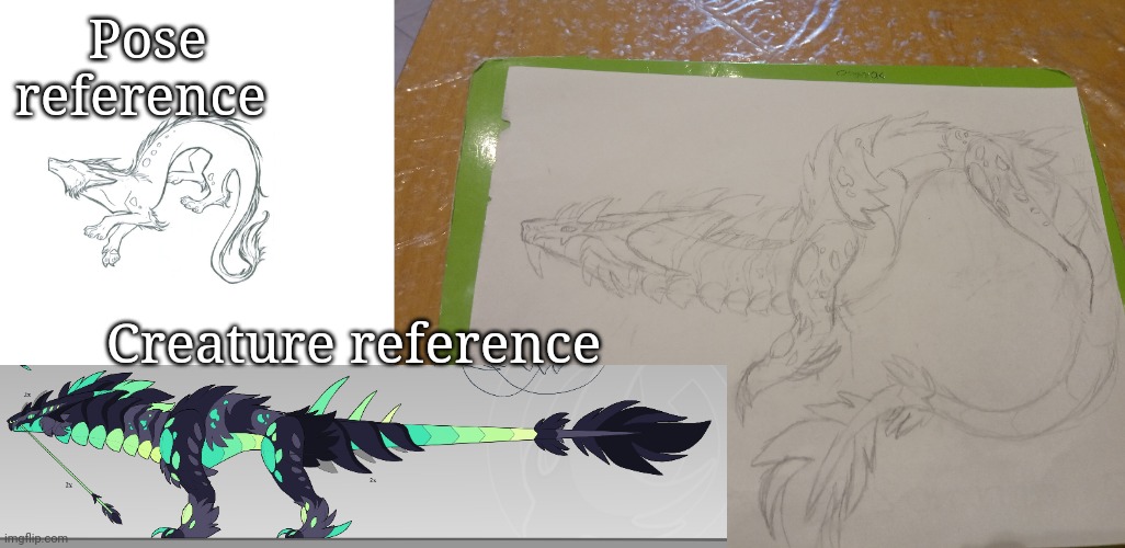 More progress!! I'm almost finished | Pose reference; Creature reference | image tagged in blank white template | made w/ Imgflip meme maker