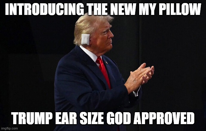 Trump my pillow | INTRODUCING THE NEW MY PILLOW; TRUMP EAR SIZE GOD APPROVED | image tagged in president trump | made w/ Imgflip meme maker